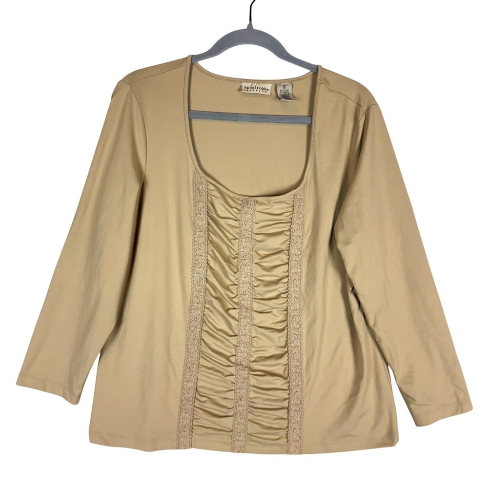 Apostrophe Blouse Womens XL Beige Ruched Crochet Square Neck Long Sleeve Stretch